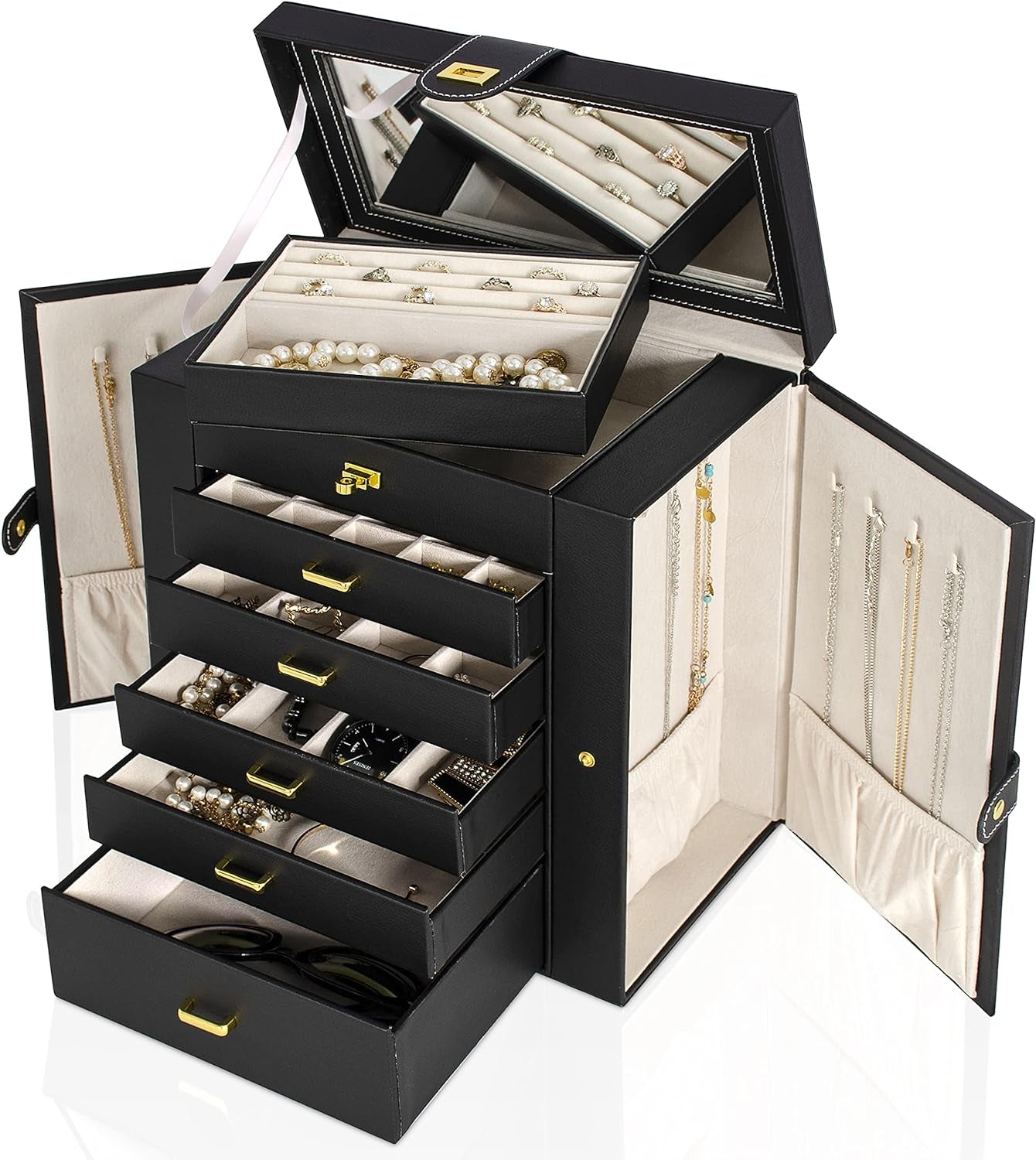 Huge Jewelry Box Organizer Functional Lockable, Large Leather Jewelry Storage Case for Women Girls Ring Necklace Earring Bracelet Holder Organizer with Mirror