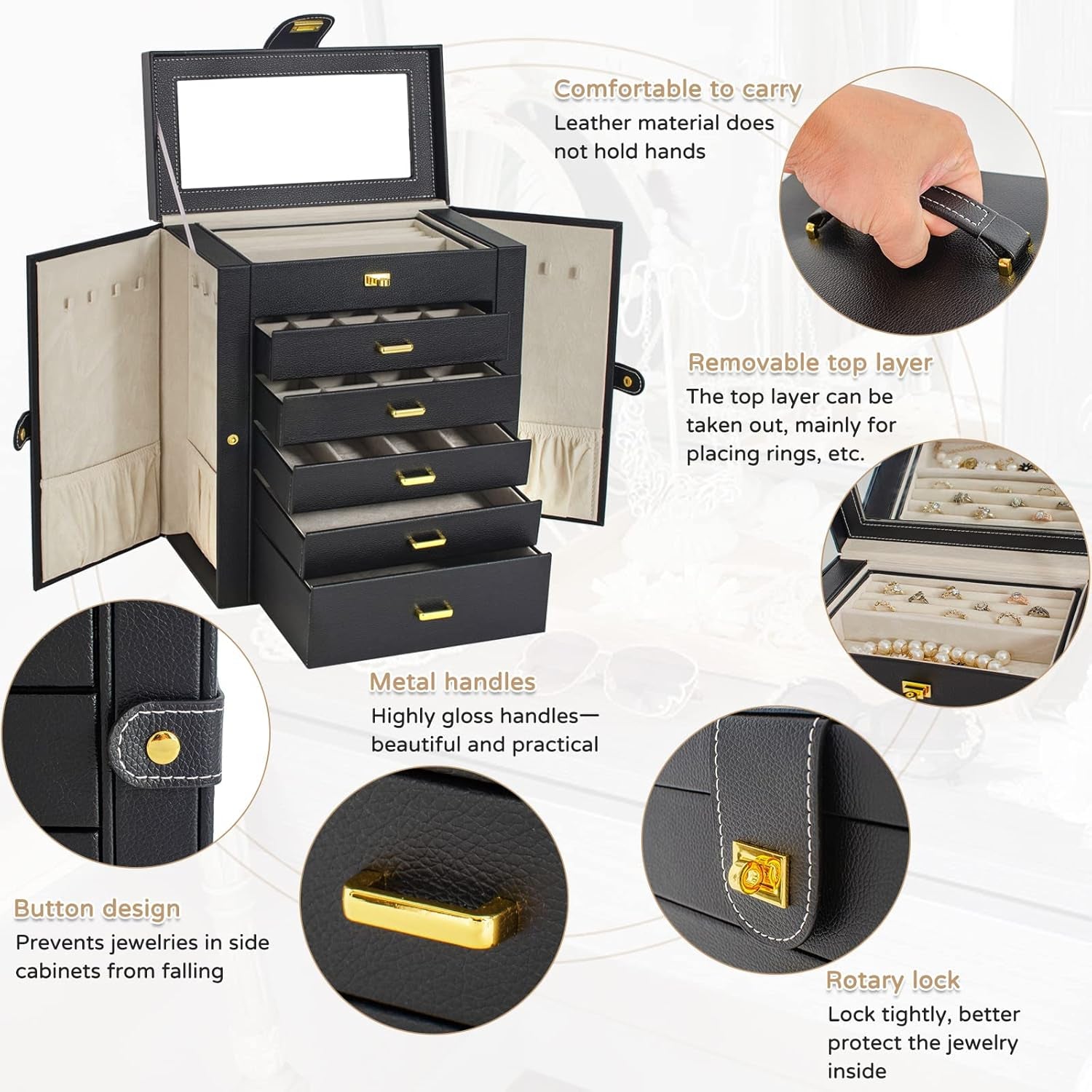 Huge Jewelry Box Organizer Functional Lockable, Large Leather Jewelry Storage Case for Women Girls Ring Necklace Earring Bracelet Holder Organizer with Mirror
