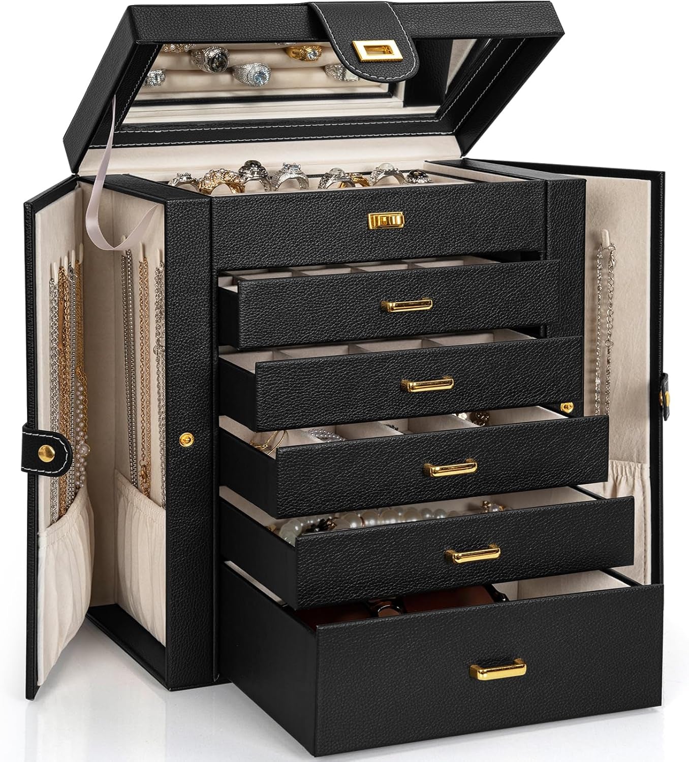 Huge Jewelry Box Organizer Functional Lockable, Large Leather Jewelry Storage Case for Women Girls Ring Necklace Earring Bracelet Holder Organizer with Mirror